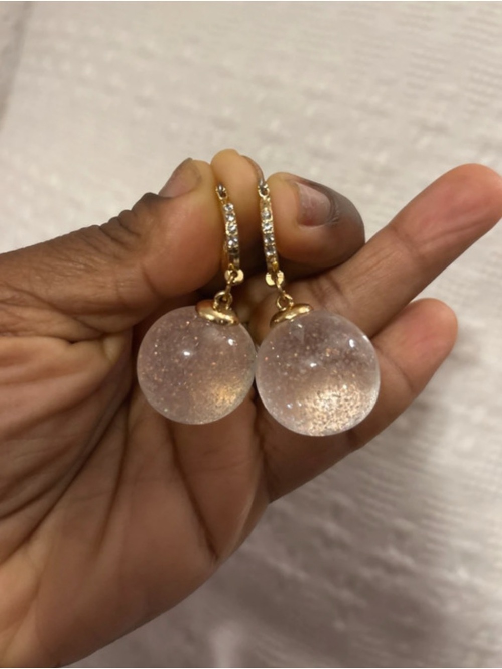 Gold Hoop Drop Earrings with Clear Glitter Globe - Picture 2 of 6